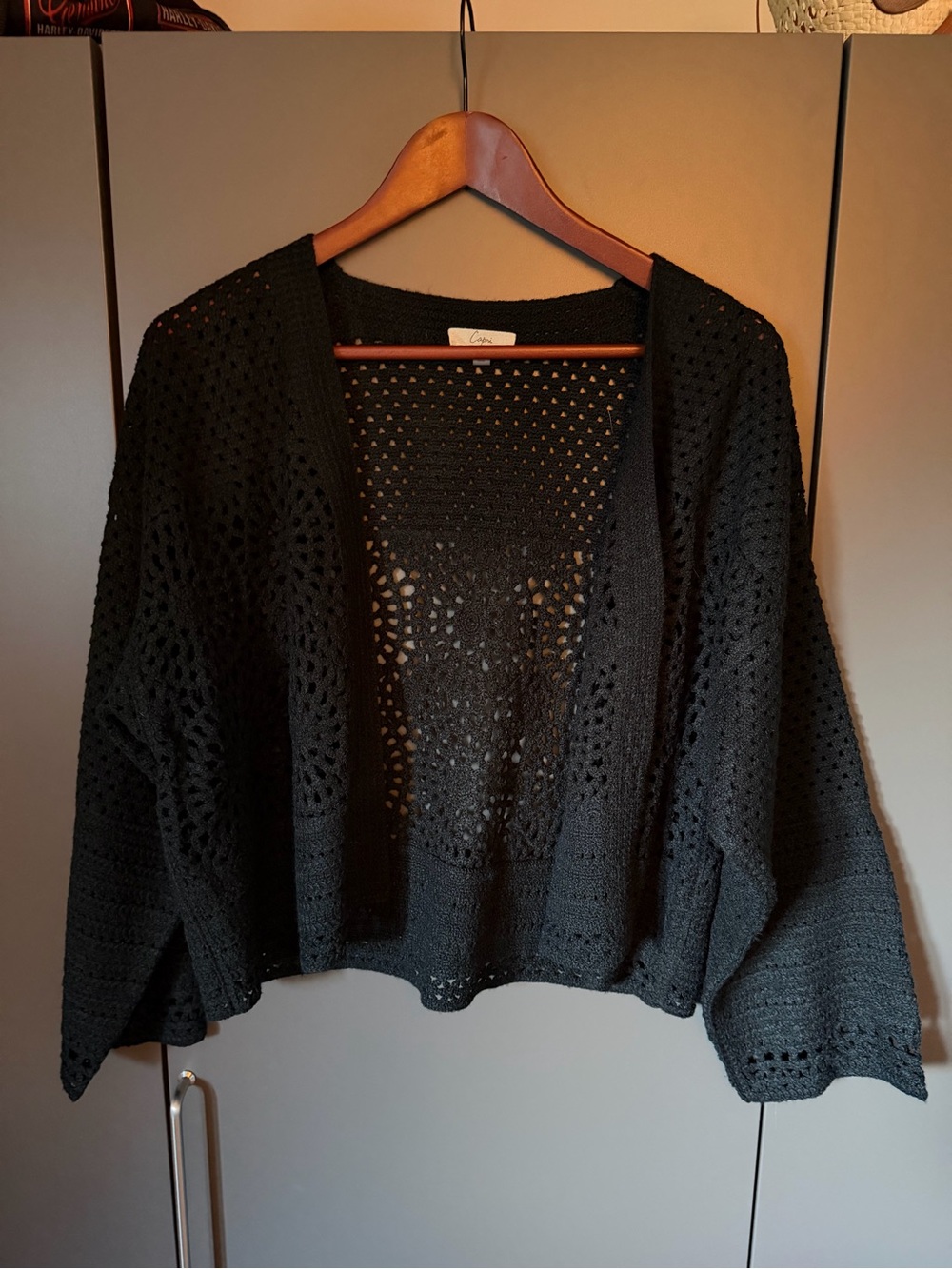 Capri Black Crochet Open Knit Cardigan Size XL.